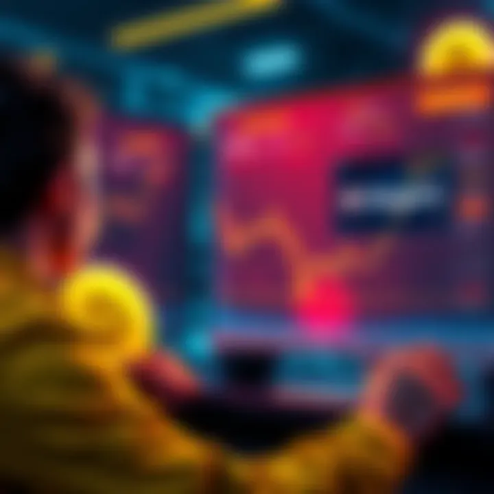 A person looking at a computer chart showing Dogecoin prices while holding a Dogecoin logo
