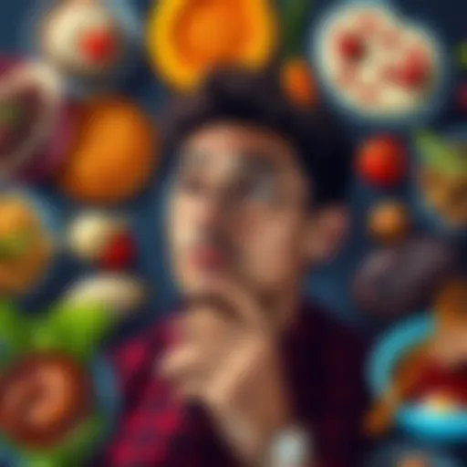 A person with a thoughtful expression, surrounded by various food items symbolizing different cooking styles and opinions.