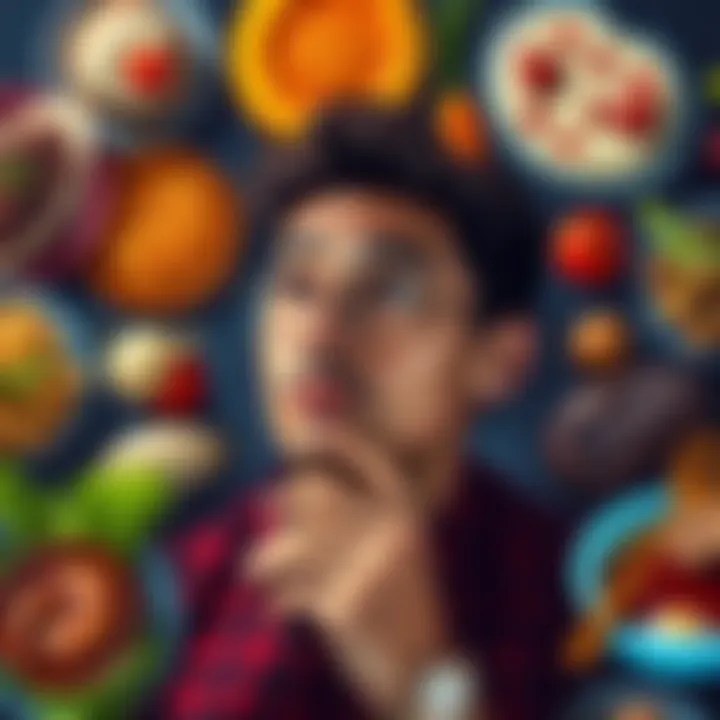 A person with a thoughtful expression, surrounded by various food items symbolizing different cooking styles and opinions.