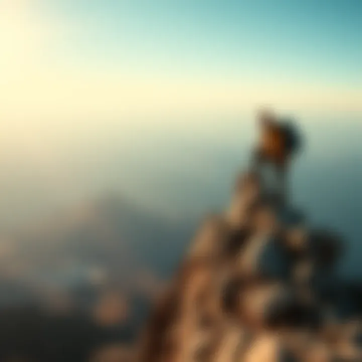 A determined person climbing a mountain, symbolizing persistence and self-belief in achieving goals.