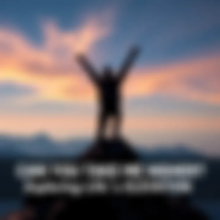 A person reaching the peak of a mountain, celebrating their achievement with arms raised towards the sky.