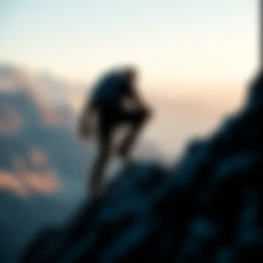 A determined individual climbing a steep mountain, showing resilience and persistence