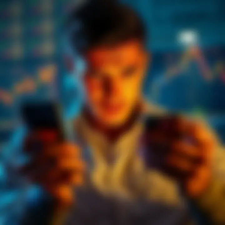 A person looking at a smartphone screen displaying cryptocurrency charts and graphs, showing signs of stress and contemplation.