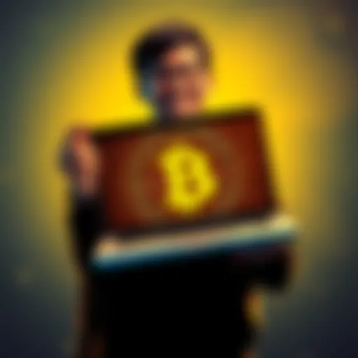 A person happily holds a new laptop, symbolizing their success in funding their education through Pi coin sales.