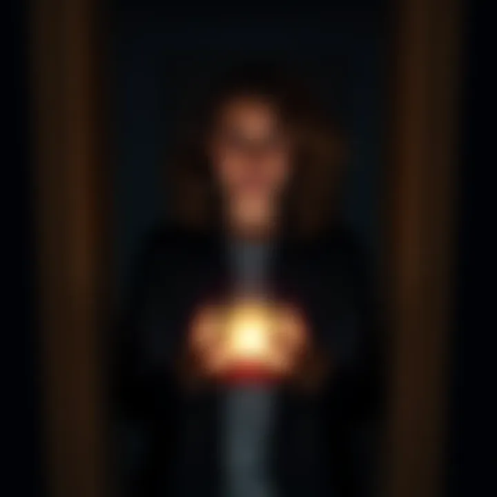 A person stands in a dark room, holding a bright, glowing light that symbolizes hope. Their expression reflects optimism and determination.