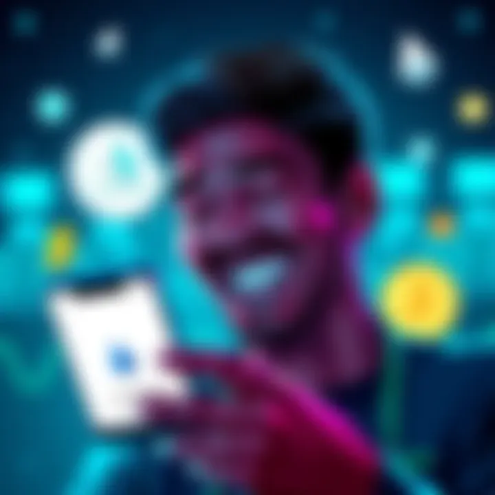 A person with a smile looking at their phone, showing an empty cryptocurrency portfolio, surrounded by symbols representing Cardano and cryptocurrency, contrasting humor with investment reflections