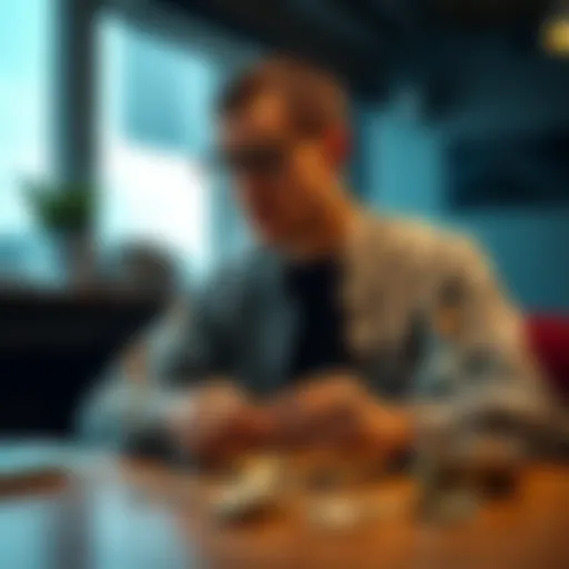 A person sitting at a table, holding a sold coin, looking contemplative and sad, reflecting on the emotions of selling an investment