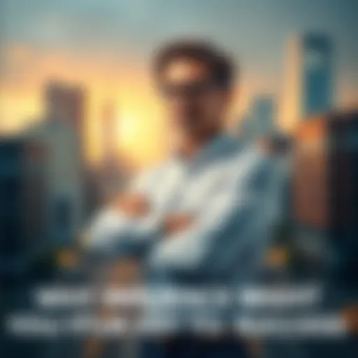 A focused individual standing confidently with arms crossed, symbolizing ambition and drive, against a blurred cityscape background.