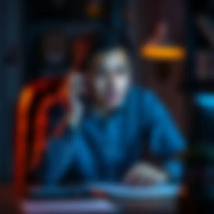 A person sitting at a desk, holding a phone to their ear with a worried expression, representing a phishing scam attempt.