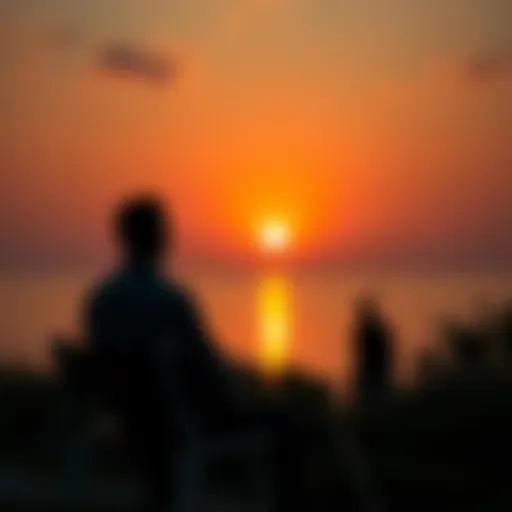 A person sitting on a bench, looking pensively at a sunset, symbolizing personal growth and lessons learned.
