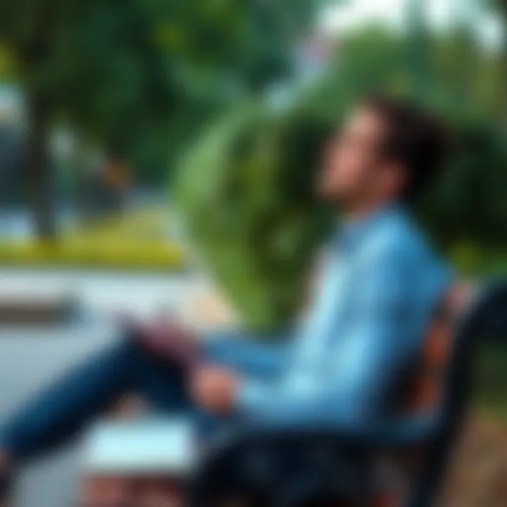 A person sitting on a park bench, looking thoughtful and contemplative, with a notebook and pen in hand, symbolizing self-reflection and learning from past mistakes.