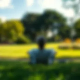 A person sitting in a peaceful park, unplugging from technology and enjoying nature, symbolizing a break from Bitcoin news and social media for mental health.