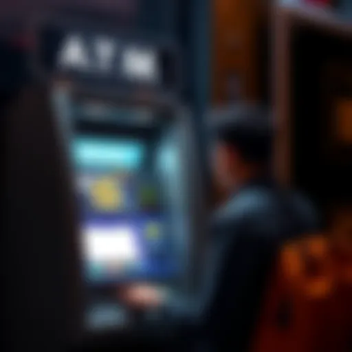 A person standing in front of a Bitcoin ATM, inserting cash to purchase cryptocurrency, with a focused expression.