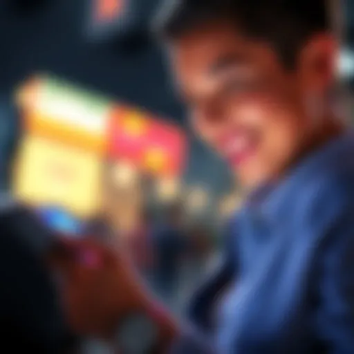 A person smiling while navigating the Coinbase app on their smartphone, showing positive engagement with the platform.