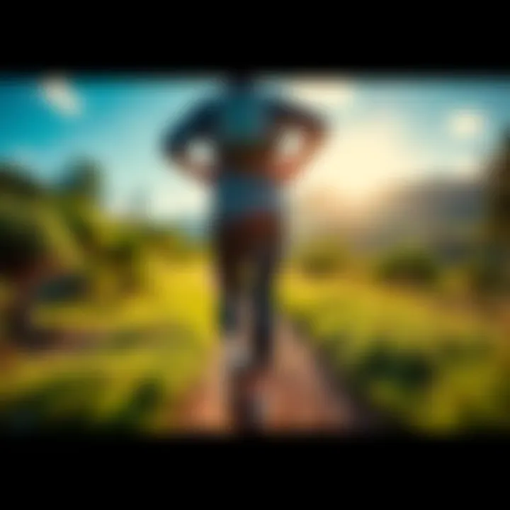 A person wearing fitness gear takes a long walk on a scenic trail surrounded by greenery.