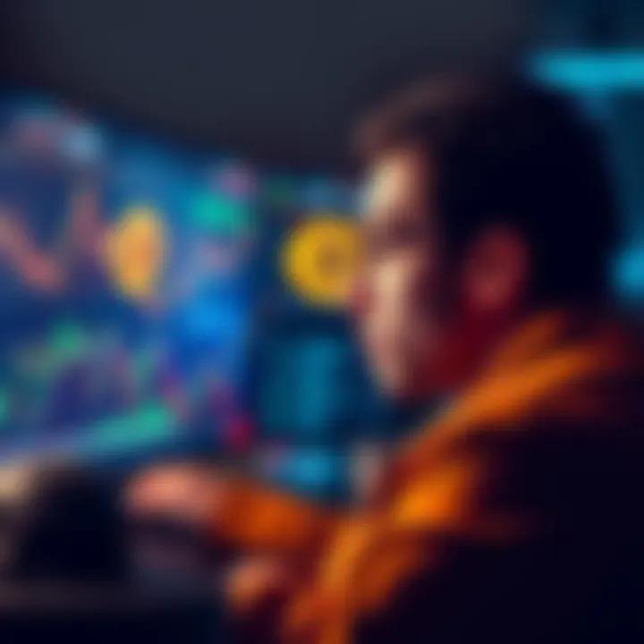 Individual focused on a screen displaying Bitcoin prices and graphs, looking intrigued by the surge