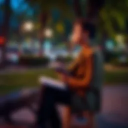 A person sitting on a park bench, looking thoughtful while holding a notebook and pen, assessing their personal growth