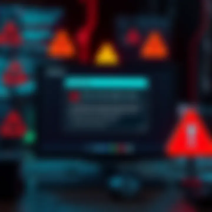 A warning graphic showing a computer screen with a phishing email titled 'Critical Vulnerability Notice' from Trezor, surrounded by warning symbols and a red alert sign.