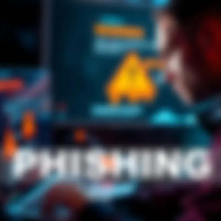 Man looking at computer with warning signs of phishing scams