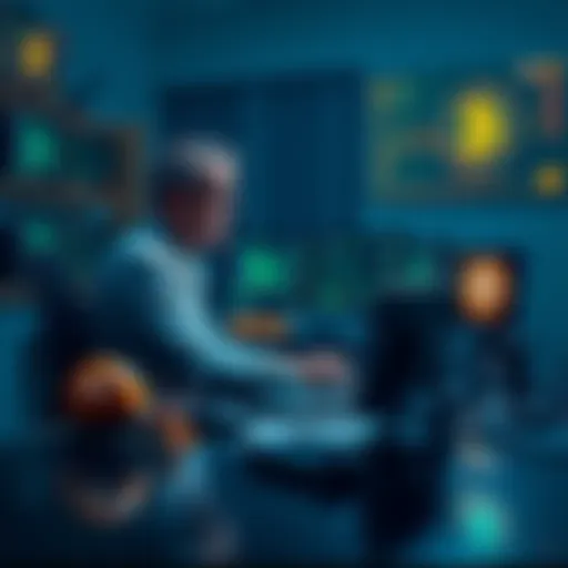 A physicist sits at a desk surrounded by computer screens, working late to access Bitcoin data, while a snail observes from the side.