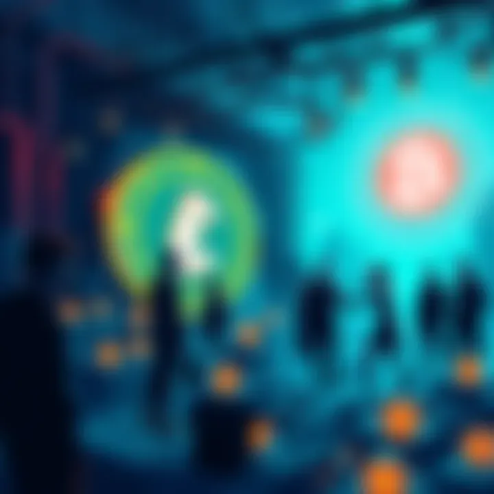 A digital illustration showing people involved in Pi mining, with a focus on KYC compliance symbols and secure data sharing, emphasizing trust and community.
