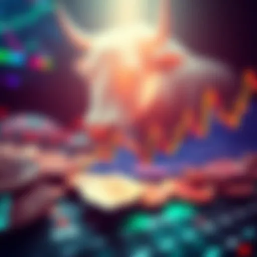 A declining graph showing the price of Pi Network amidst a bull market backdrop with coins in view.