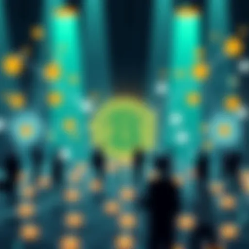 Illustration showing Pi nodes connected in a network with cryptocurrency symbols and community members interacting.