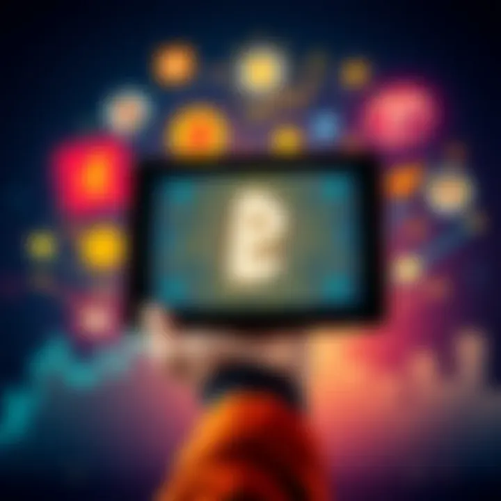 A person holding a digital tablet displaying the Pi token logo, surrounded by symbols of opportunities and growth in the tech market.