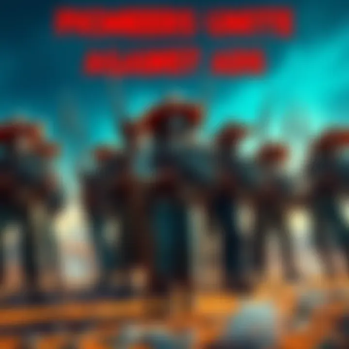 A group of pioneers standing together, holding shields to protect against intrusive advertisements, symbolizing resistance to corporate greed.