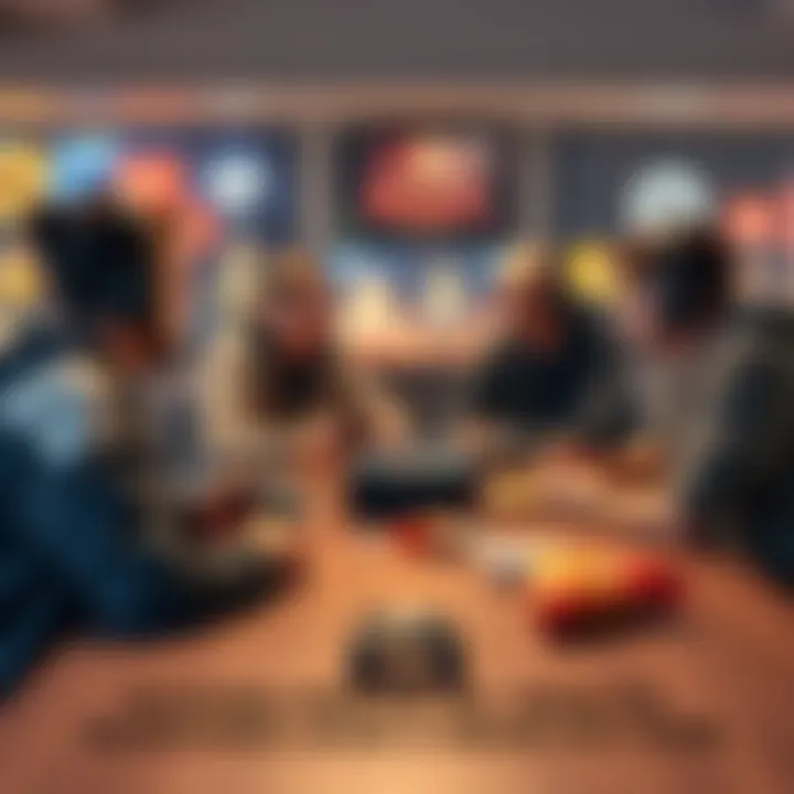 A group of gamers at a table, talking about their preference for shorter minigames, with gaming consoles and snacks around them.