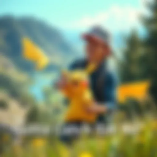 A Pokemon trainer with a hat eagerly reaching for a Pikachu in a vibrant landscape