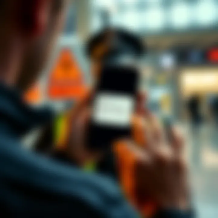 A concerned person holding a smartphone displaying a message from a supposed police officer, with warning signs in the background to indicate a scam.