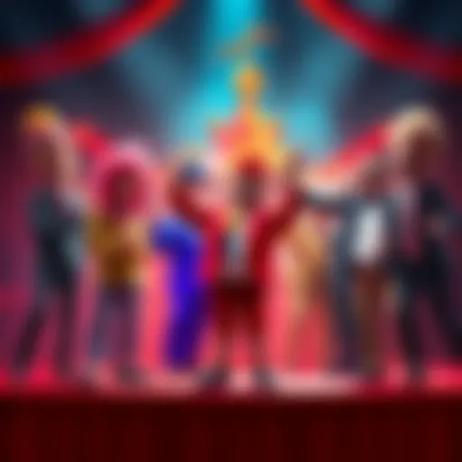 A group of politicians in funny costumes performing on a stage, representing the chaotic political scene.