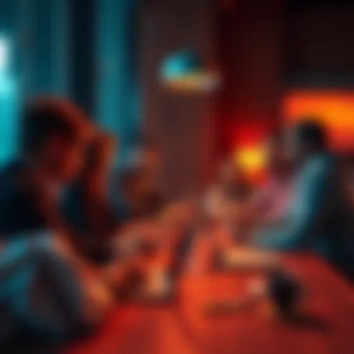 A group of people discussing political profile pictures at a table with laptops and phones.