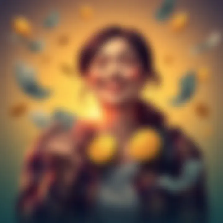 Single mother holding DOT tokens with a hopeful expression, surrounded by financial symbols like dollar bills and coins, representing Universal Basic Income support from Polkadot