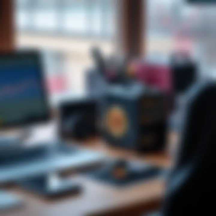 A small, discreet Bitcoin mining device set up on a desk alongside a laptop, blending in with a phone and office supplies.
