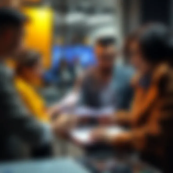 A group of diverse experts discussing a portfolio, sharing notes and insights to provide feedback.