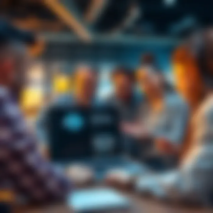 A group of people discussing a portfolio displayed on a laptop, sharing feedback in a collaborative setting.