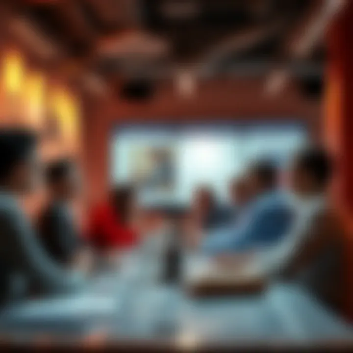 A group of people gathered around a table discussing a portfolio. They are sharing feedback and ideas.