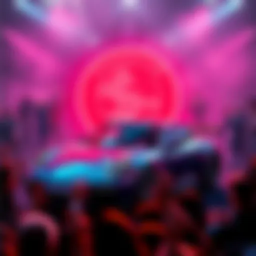 A vibrant image showing a Porsche in front of a digital $POWSCHE logo, representing community engagement and exciting rewards, with a crowd of people celebrating around it.
