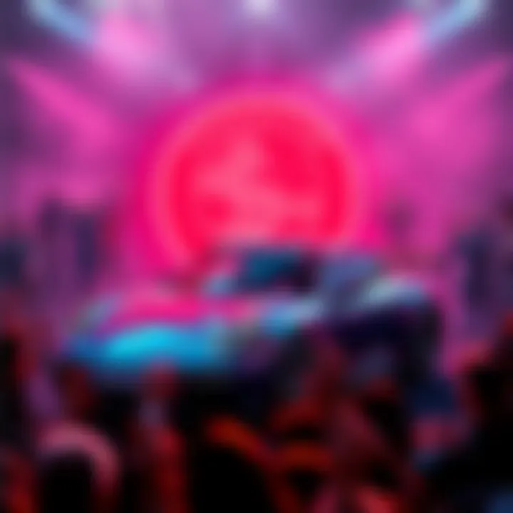 A vibrant image showing a Porsche in front of a digital $POWSCHE logo, representing community engagement and exciting rewards, with a crowd of people celebrating around it.