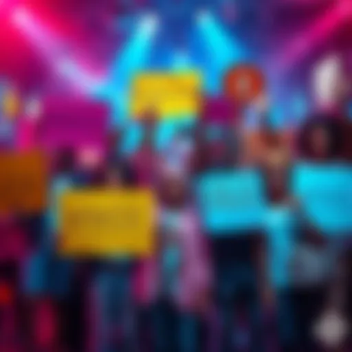 A diverse group of people celebrating together, holding signs about $POWSCHE and financial freedom, with a fun atmosphere and vibrant colors.