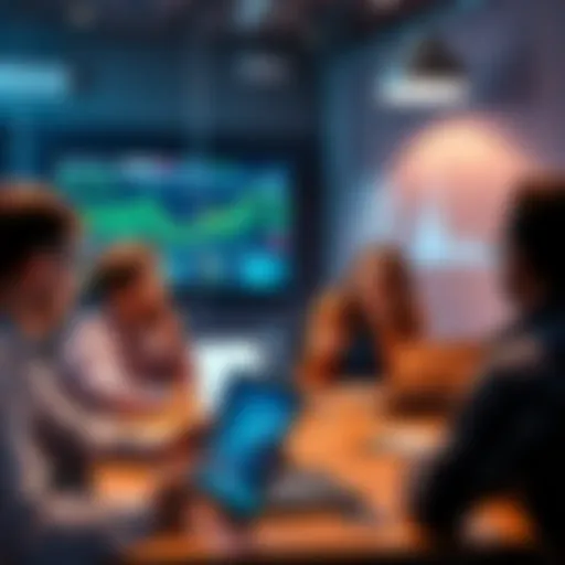 A group of diverse people analyzing data on screens, discussing quick predictions, and making decisions in a meeting room.