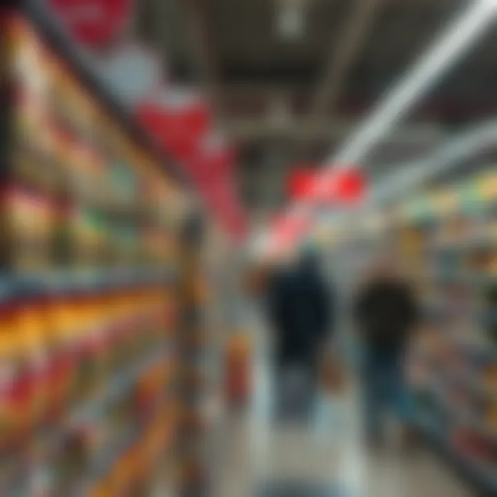 Store shelves displaying price tags showing prices back to pre-2020 levels, with people shopping