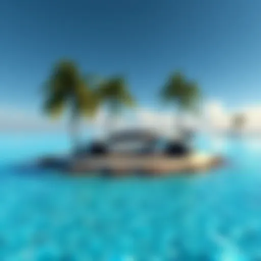 A scenic private island surrounded by clear blue water and palm trees, symbolizing high aspirations beyond luxury cars like a Lamborghini.