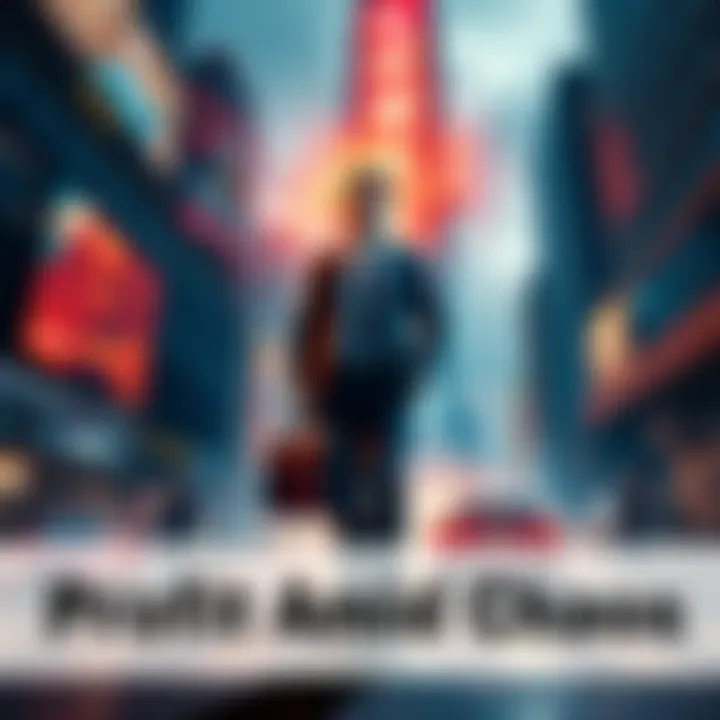 A business person stands confidently with a briefcase in a turbulent cityscape, representing success despite surrounding chaos.