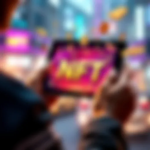 A person holding a digital tablet displaying NFTs with money symbols around them
