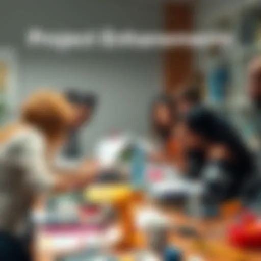 A group of diverse people collaborating over a table full of project materials and tools, brainstorming ways to enhance their project.