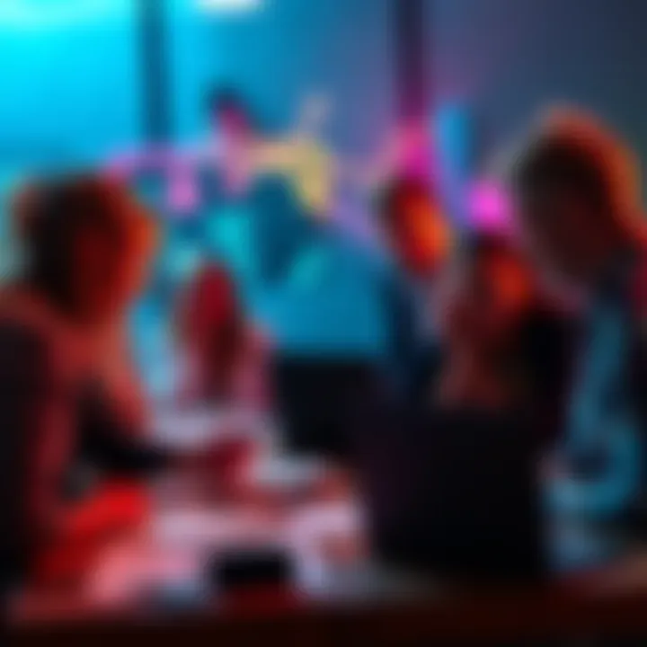 A group of people brainstorming ideas for promoting a series of mobile apps, with notes and a laptop open on the table.
