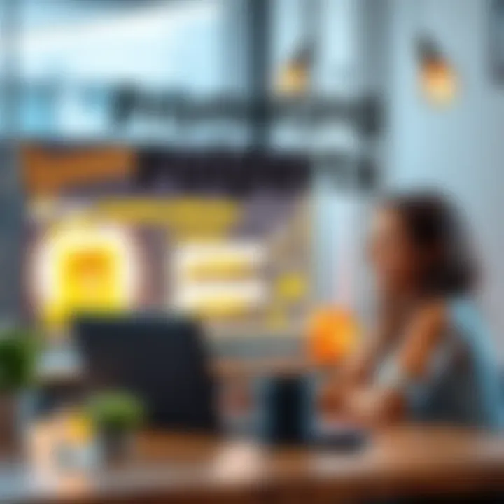 A developer sharing a project on an online forum with a laptop and a friendly atmosphere